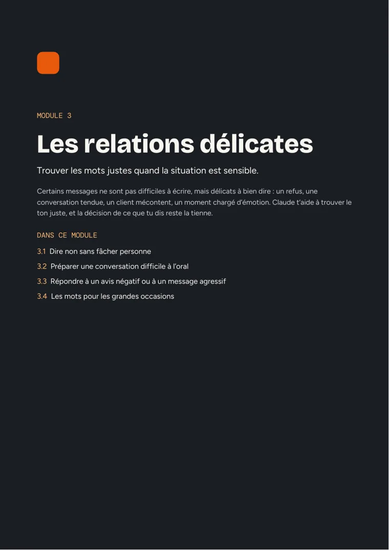 Page d’ouverture du module 3, Les relations délicates